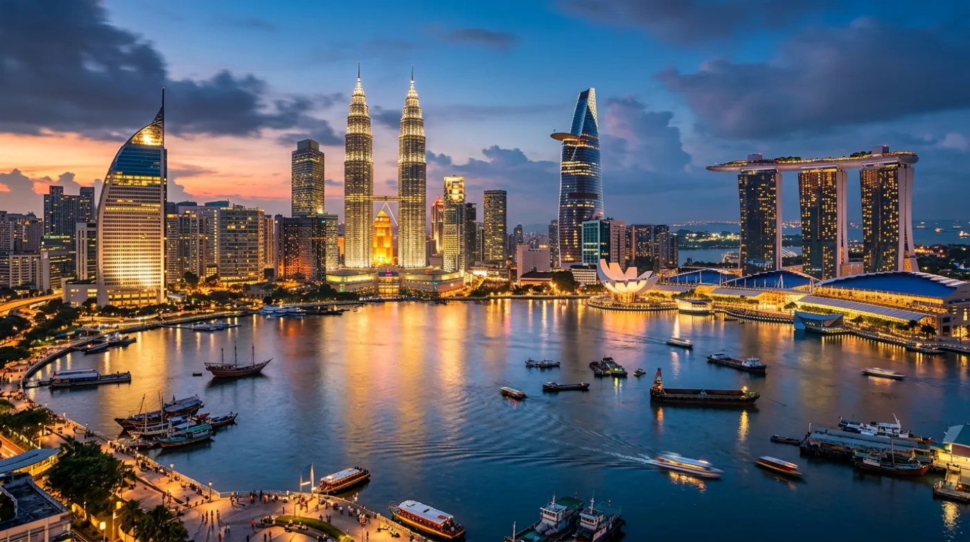 Southeast Asian skyline at sunset
